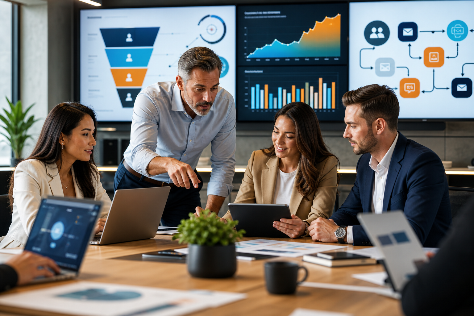 Consulting team reviewing AI marketing funnels and automation dashboards